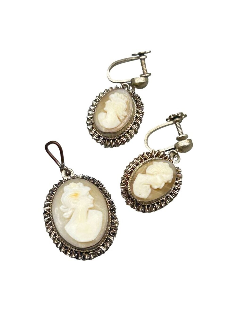 Vintage Hand Carved Cameo Earrings + Pendant Screw Back Dangles Sterling Silver